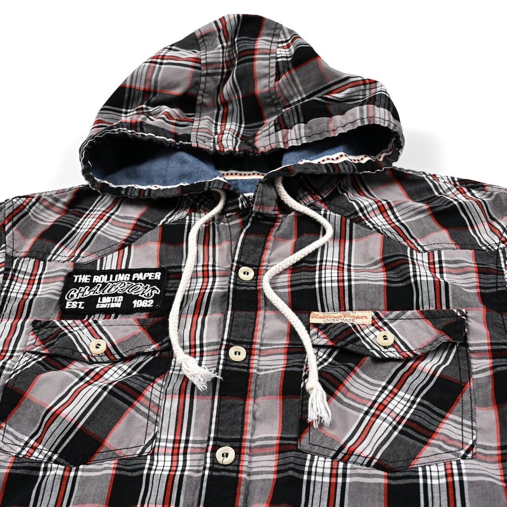 Rolling Paper Co Medium Plaid Hooded Work Shirt Long Sleeve Patches‎ Pockets EUC